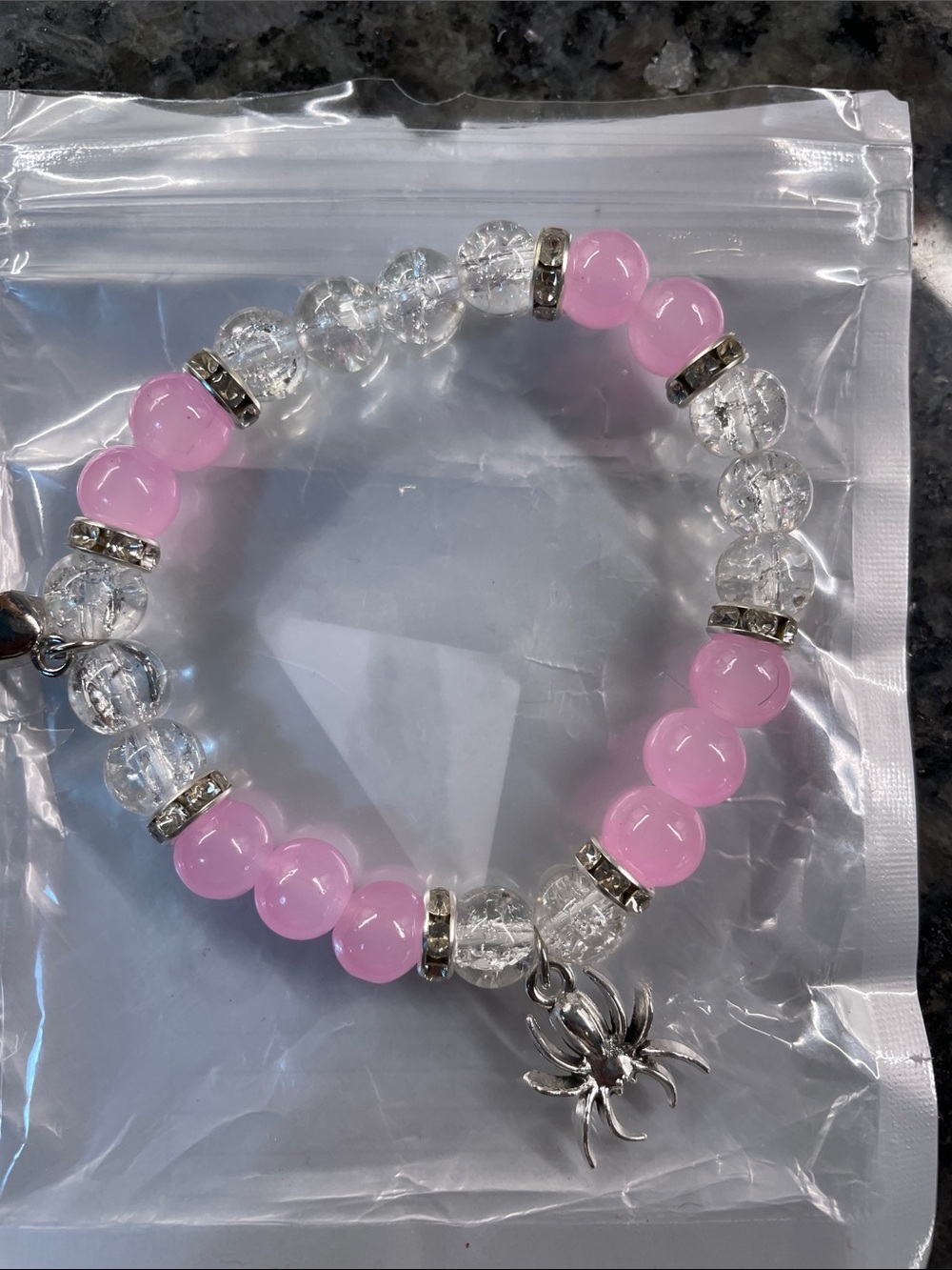 Gwin Stacy, glass Pink & Clear Beaded Bracelet with Spider Charm - Women Jewelry